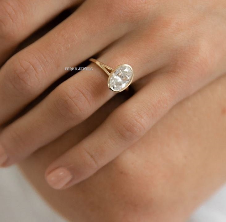 Oval Cut Moissanite Bezel Set Engagement Ring/14k Yellow Gold Solitaire ...