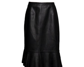 90s Oscar de la Renta Black Leather Skirt M