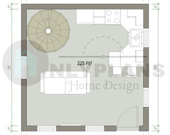1BR/1BA 2D tiny home floor plan (15' x 15')