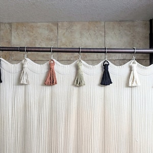 Shower Curtain Tassels/Pack of 6 or 12/ Handmade in Oregon/Cotton Macrame cord/plastic-free packaging/Boho Shower Curtain Accents