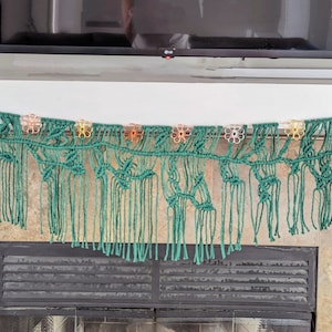Macrame Mantel Garland with Metal Flowers and Knotted Vines/ Handmade with green cotton cord