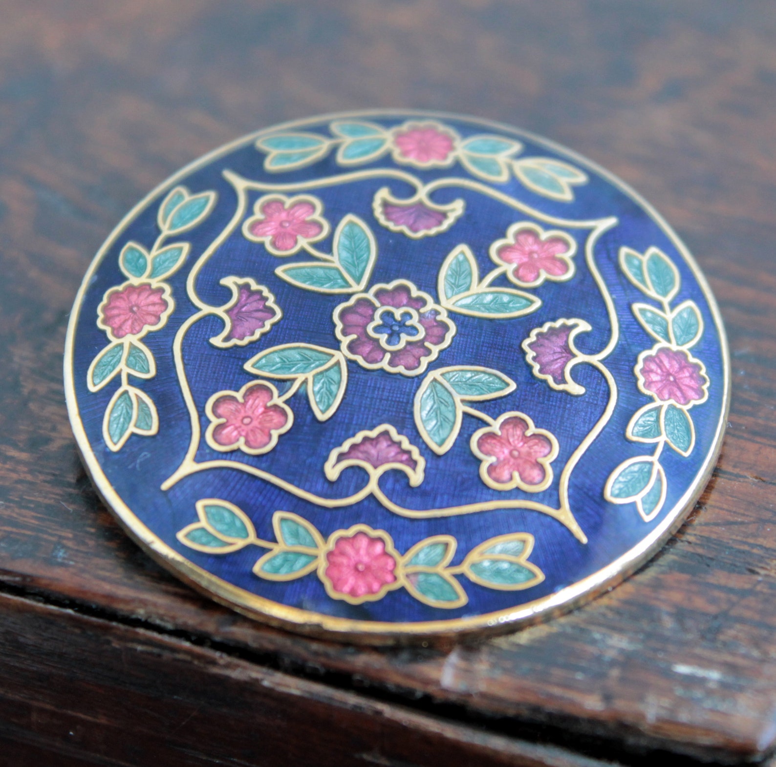 Vintage cloisonne brooch large Blue enamel round floral pin Etsy