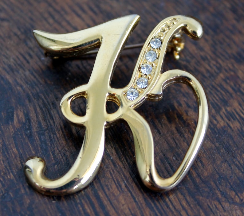 Vintage Letter K Rhinestone Initial Brooch Pin Gold Tone Costume ...