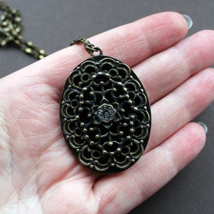 Vintage oval filigree pendant Bronze tone necklace on chain double-sided Dark academia jewelry Bronze anniversary gifts for wife