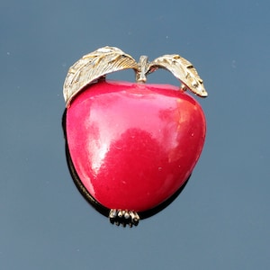 Vintage red apple brooch Enamel fruit pin Teacher appreciation gift Mid century costume jewelry
