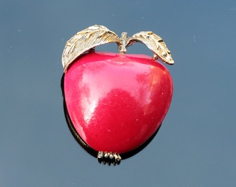 Vintage red apple brooch Enamel fruit pin Teacher appreciation gift Mid century costume jewelry