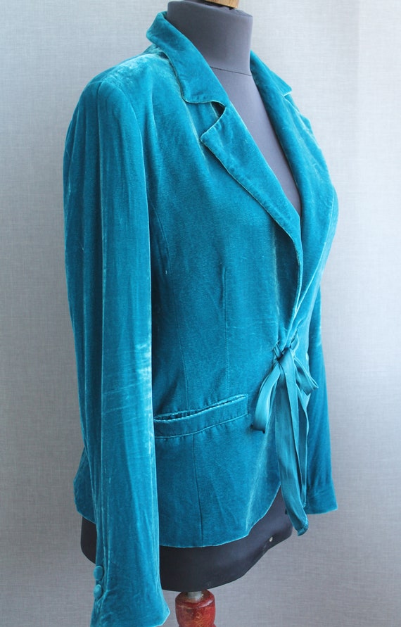 Vintage turquoise silk blend velvet jacket with t… - image 3