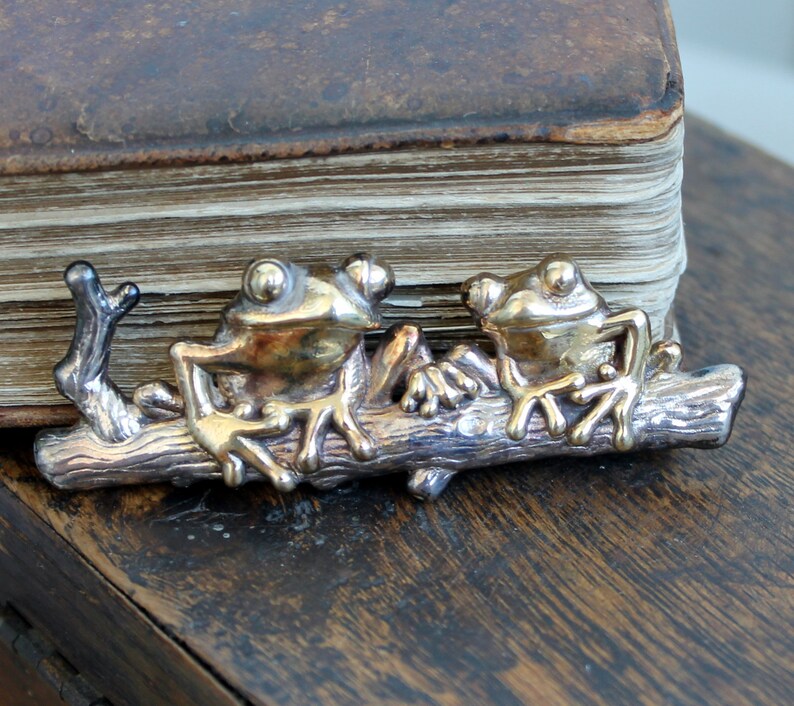 Broche de dos ranas de plata de ley vintage, regalo de joyería Goblincore para amigos, pin de figura animal imagen 7