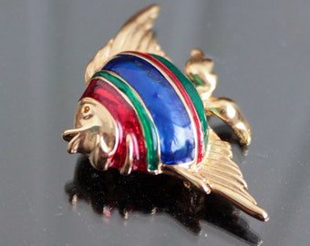Vintage angel fish brooch Signed NLH Landau costume jewelry Red green blue enamel fish pin gold tone Fishing gifts for boyfriend