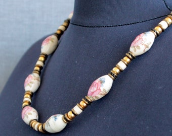 Vintage hand painted porcelain necklace Romantic gifts for wife Pink rozes ceramic and brass bead necklace