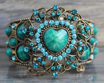 Vintage emerald green blue brass wide clamper cuff bracelet Mid Century costume jewelry Heart bracelet for women