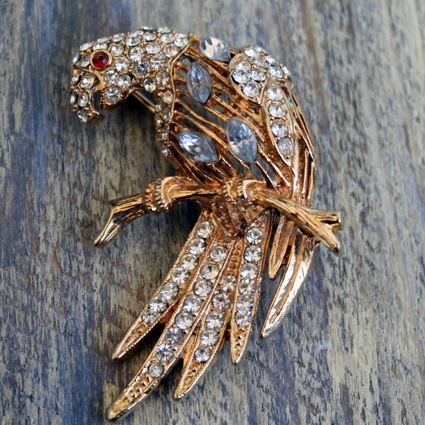 Vintage parrot pin gold tone Rhinestone bird brooch Mid Century costume jewelry