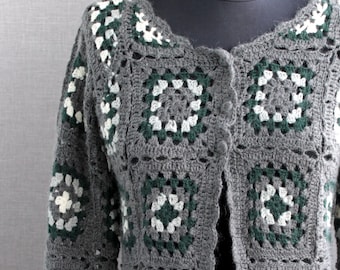 Vintage granny square cardigan size S-M Сrochet jacket women Grey white green crochet patchwork sweater wool Cottagecore clothing knitted