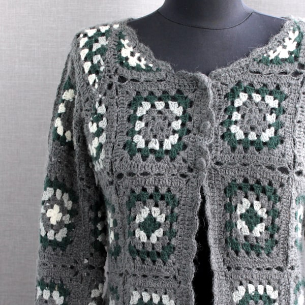 Vintage granny square cardigan size S-M Сrochet jacket women Grey white green crochet patchwork sweater wool Cottagecore clothing knitted