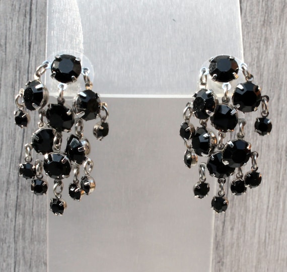 Vintage cha cha earrings Black rhinestone chandelier earrings silver tone Jewelry gift for sister in law View 5
