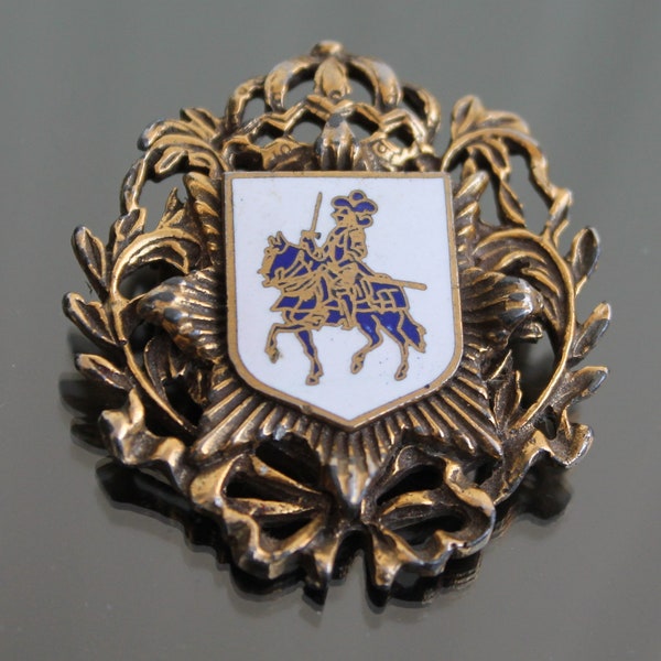 Vintage coat of arms brooch Family crest shield pin with rider on horseback Enamel heraldic jewelry gold tone Royalty gifts