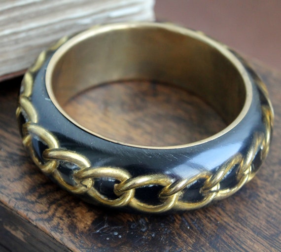 Vintage black gold chunky funky bangle bracelet L… - image 8