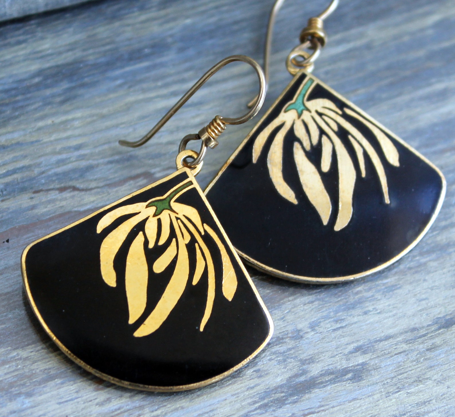 Vintage Laurel Burch gold black cloisonne enamel earrings Fan Etsy