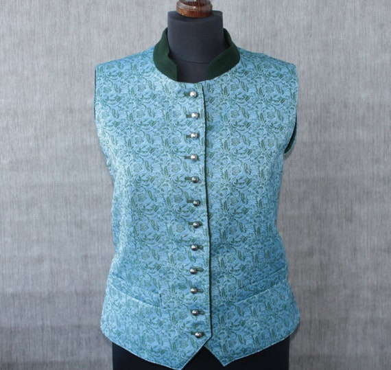 Vintage blue green dirndl vest Corset silk blend … - image 2