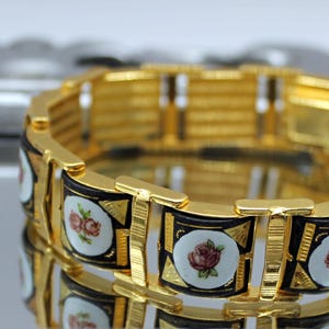 Vintage damascene bracelet Enamel chunky link bracelet gold tone Spanish costume jewelry