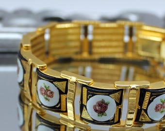 Vintage damascene bracelet Enamel chunky link bracelet gold tone Spanish costume jewelry