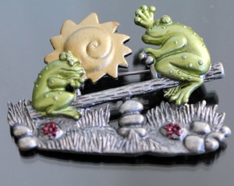 Pewter frog brooch vintage signed DD Darling Dash playing frogs at sunrise Teenage jewelry gift