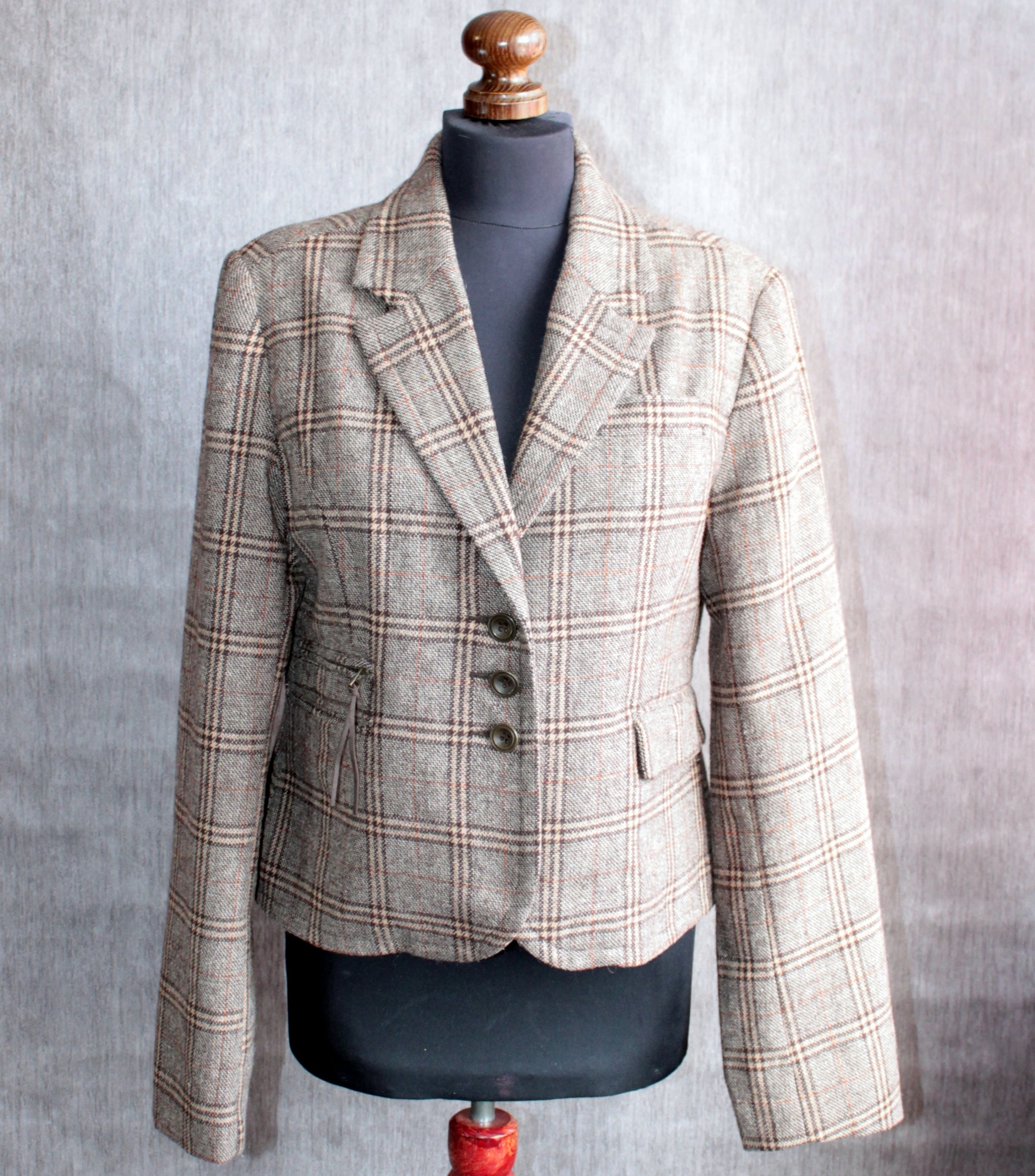 Vintage brown plaid jacket Wool cropped blazer women Dark | Etsy