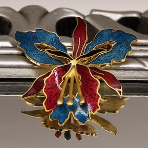 Vintage blue red enamel orchid brooch gold tone Cloisonne jewelry gift for wife Large floral brooch