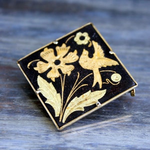 Vintage Toledo Damascene square brooch Spanish costume jewelry Flowers and bird gold black brooch