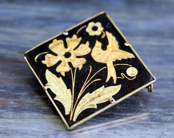 Broche Vintage Ancienne En Or De Tolède - Forme Cor De Chasse - Laiton Doré Et Noir - Bijou Ancien #A7