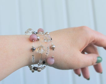 Vintage multi strand pink clear pearl wire beaded bracelet signed NY Y2k jewelry gift for women