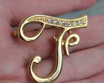 Vintage letter F pin Rhinestone initial brooch gold tone Alphabet jewelry Francesca name gift
