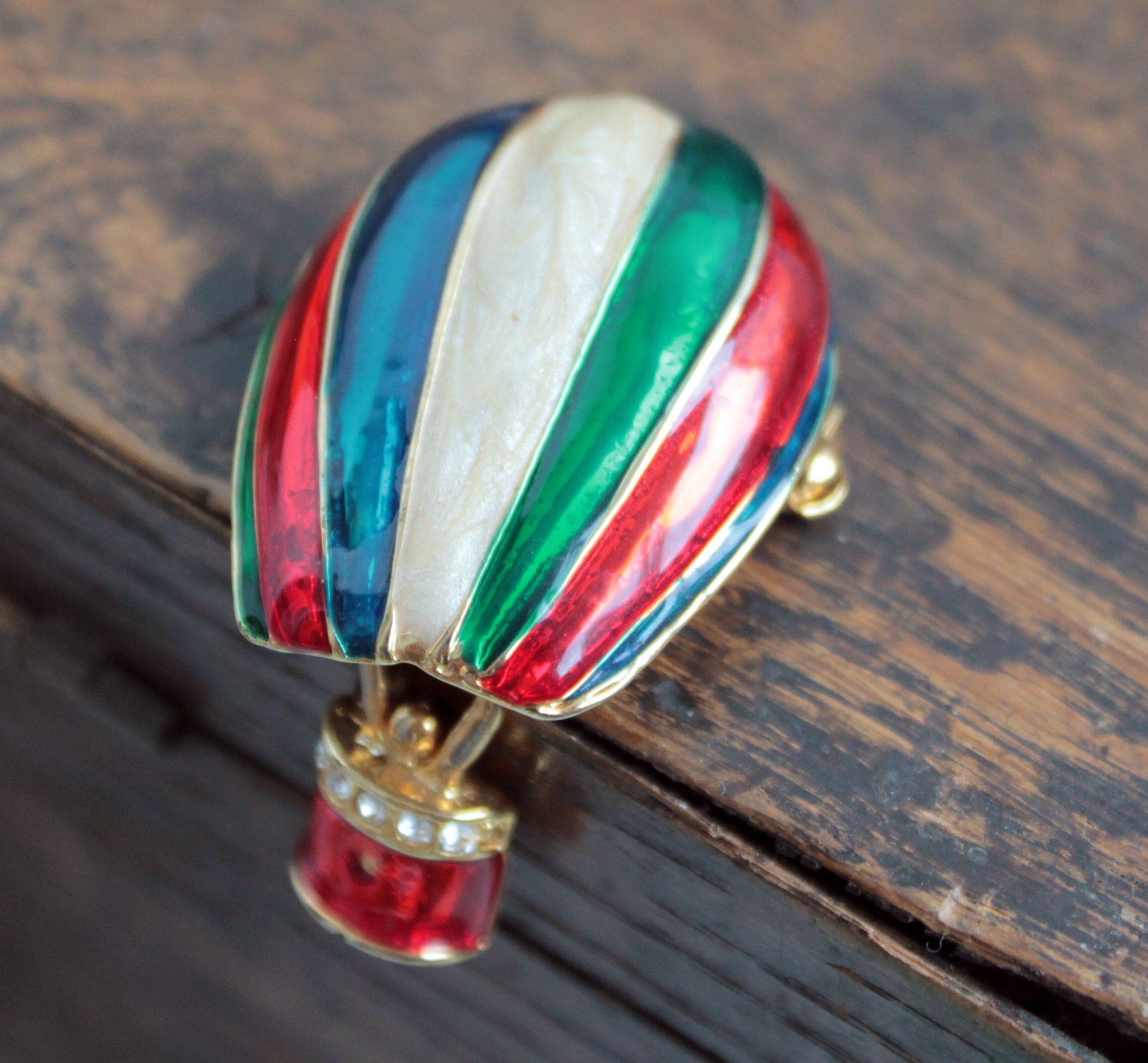 Vintage Rhinestone Hot Air Balloon Drooch Red Green Blue White Aerostat ...