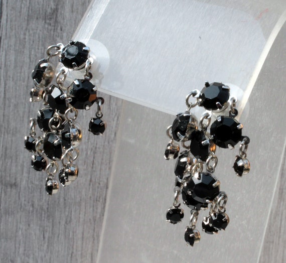 Vintage cha cha earrings Black rhinestone chandelier earrings silver tone Jewelry gift for sister in law View 6