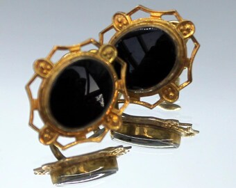 Vintage black gold screw back earrings GF 12k art deco earrings