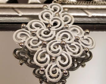 Vintage rhombus filigree necklace Big white enamel pendant Large silver medallion Geometric jewelry for women