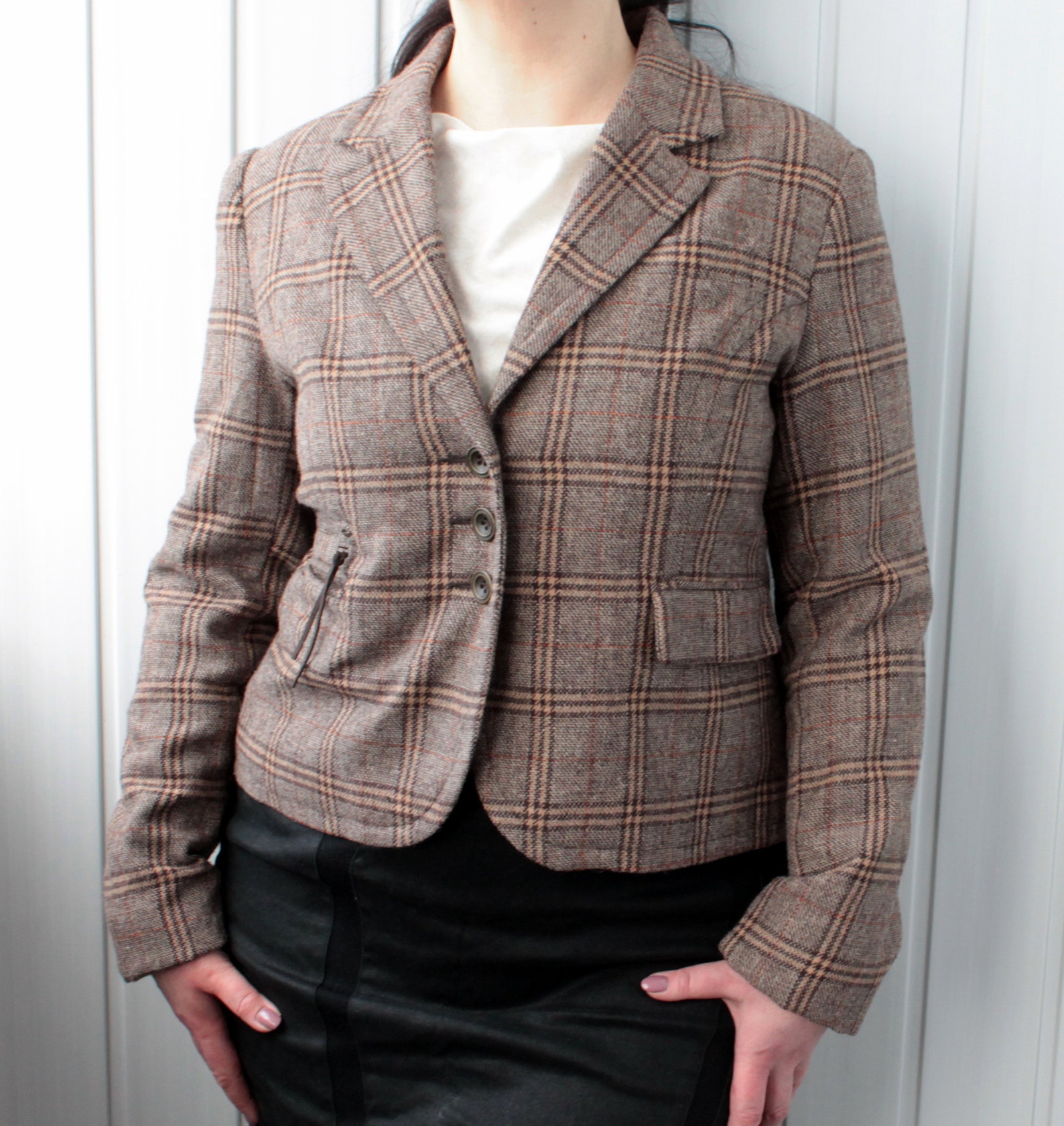Brown plaid cropped blazer women Vintage brown wool jacket Etsy