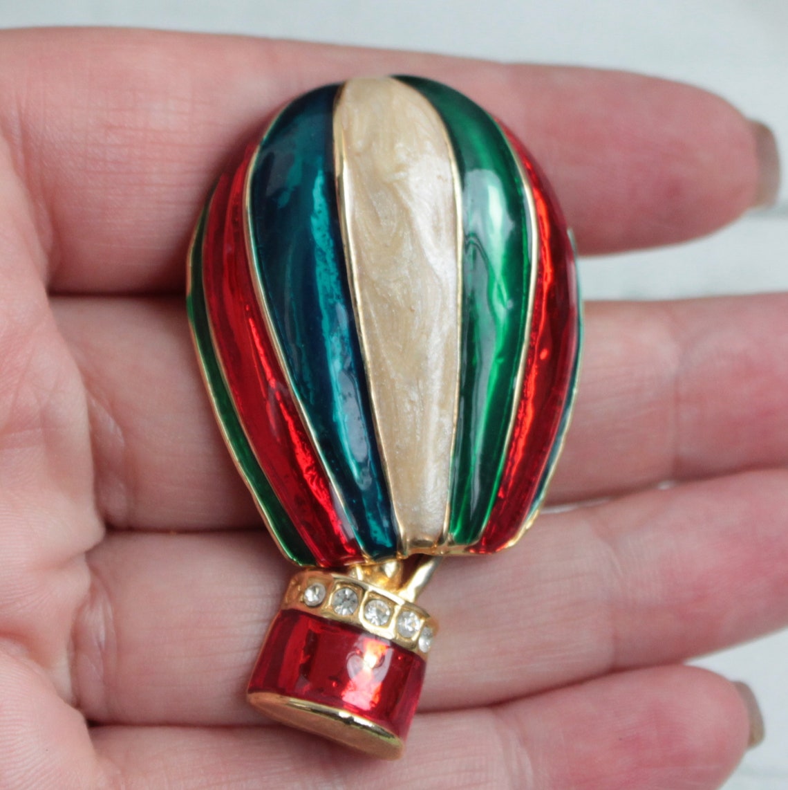 Vintage Rhinestone Hot Air Balloon Drooch Red Green Blue White Aerostat ...