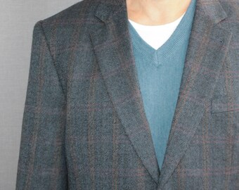 Vintage karierter Blazer Herren Gr. L-XL Dark Academia Kleidung 90s Graublaue Tweedjacke