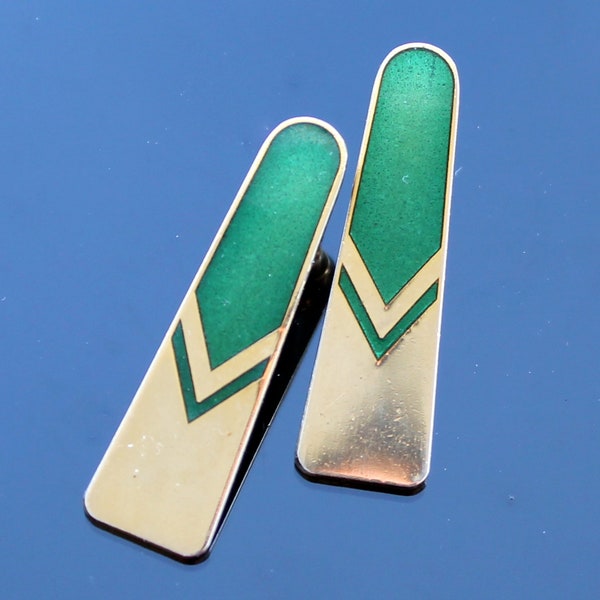 Vintage Laurel Burch earrings Enamel green gold rectangle stud Geometric jewelry gift for friend