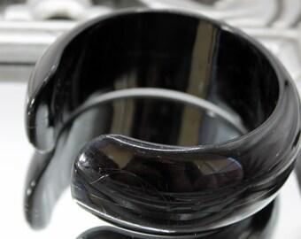 Vintage black plastic bangle Chunky opening wide cuff bracelet 1980s.