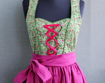 Vintage green pink dirndl dress Austrian size S Cottagecore clothing Floral trachten dress October fest clothes for women