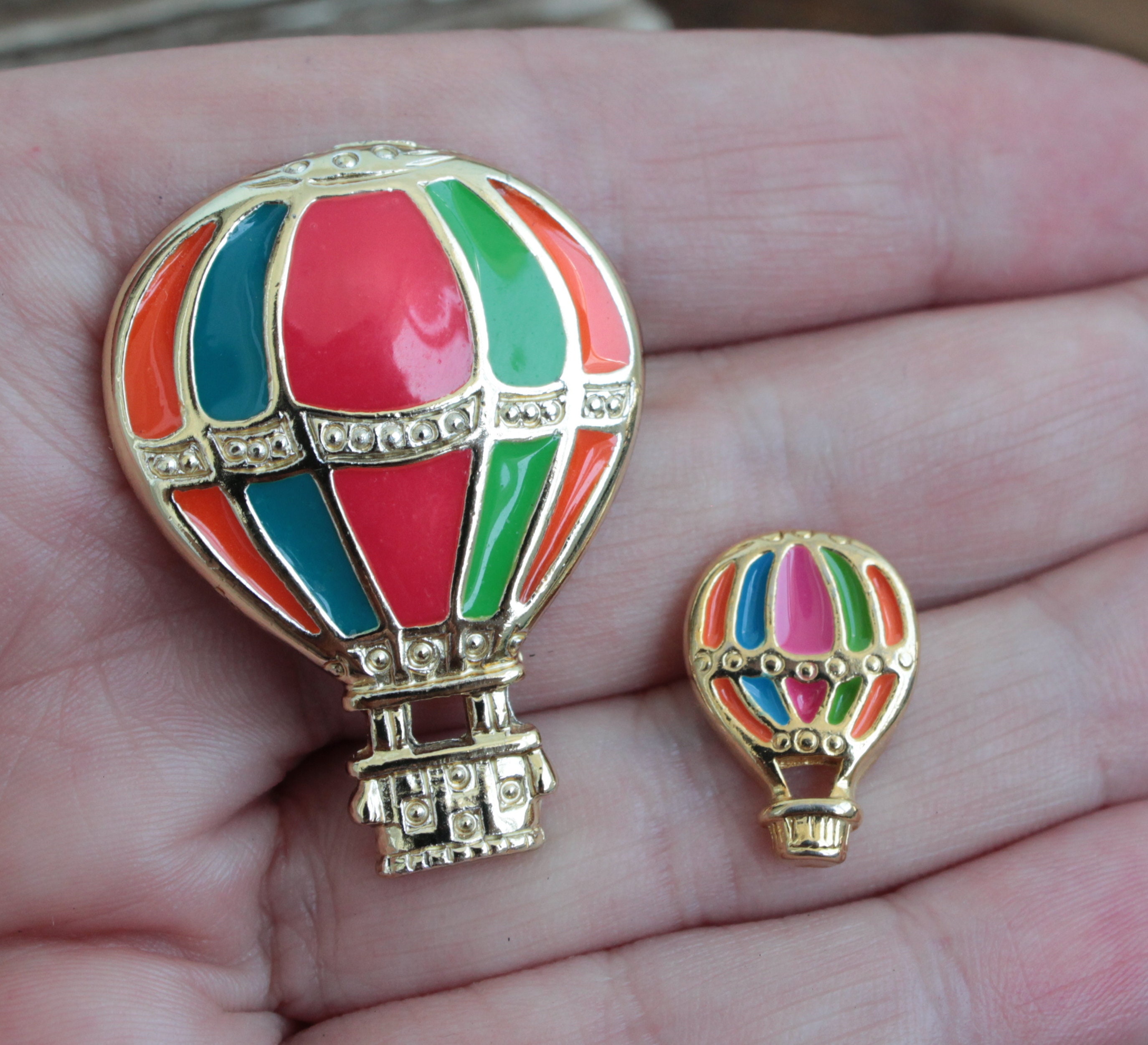 Vintage Hot Air Balloon Drooch Set Gold Tone Red Green Blue Orange ...