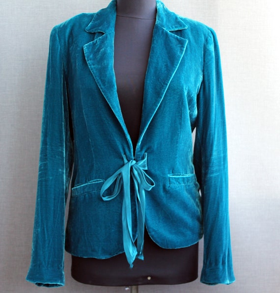Vintage turquoise silk blend velvet jacket with t… - image 2
