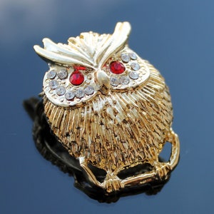Vintage rhinestone owl brooch gold tone Figurine bird pin Insomnia jewelry gift