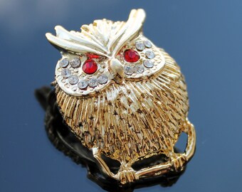 Vintage rhinestone owl brooch gold tone Figurine bird pin Insomnia jewelry gift