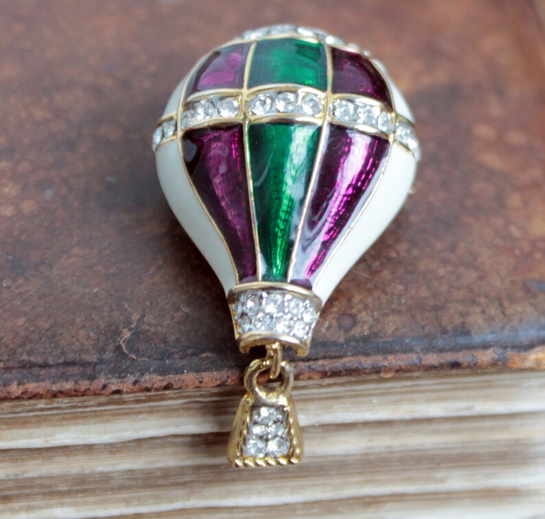 Vintage Rhinestone Hot Air Balloon Drooch Purple Green Aerostat Enamel ...