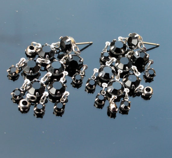 Vintage cha cha earrings Black rhinestone chandelier earrings silver tone Jewelry gift for sister in law
