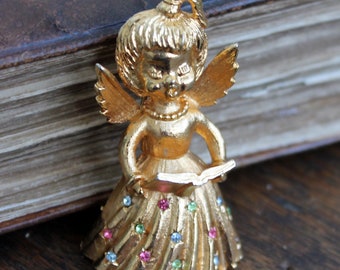 Spilla vintage con angelo e strass Mylu pin color oro, regalo di gioielli con angelo custode per la mamma