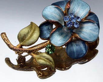 Vintage enamel rhinestone forget-me-not brooch gold tone Blue green forget me not pin Floral jewerly gift